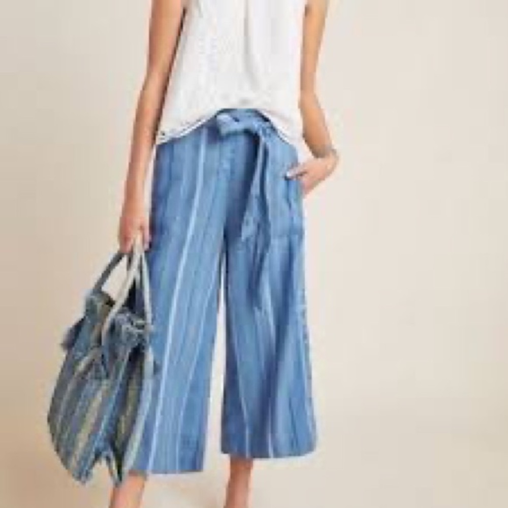 Anthropologie Blue and White Textured Striped Linen Blend Wide Leg Pants Medium